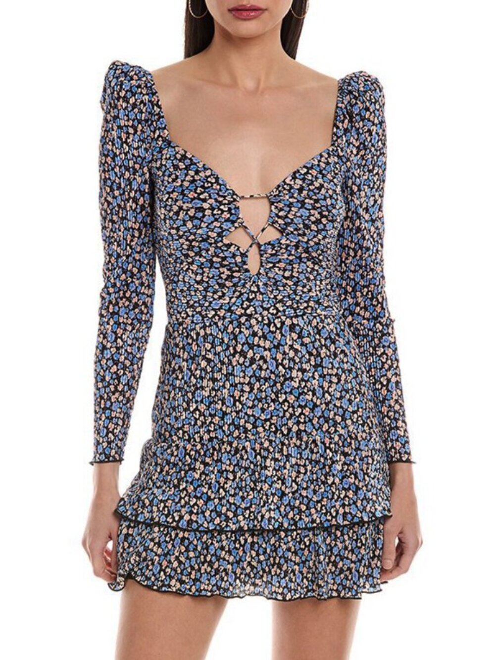 New Saylor Temperley Plissé Floral Mini Dress Blue Black Small $275